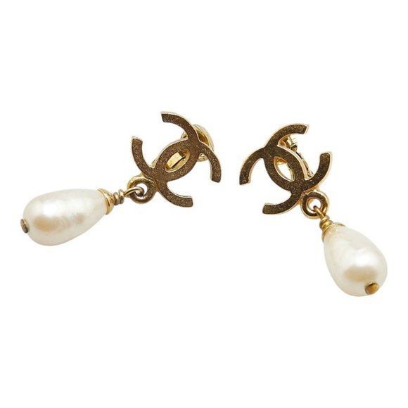 Vintage Chanel Coco Mark Teardrop Earrings, Swing, Gold Plated, with Faux Pea... - Picture 1 of 6